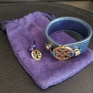 Tory Burch Reva Navy Blue Saffiano Leather Gold Logo Cuff Bracelet